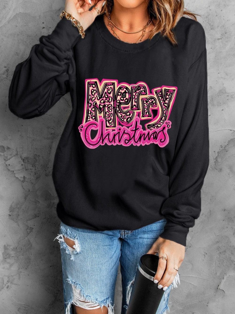 Holiday Monogram Leopard Print Graphic Sweatshirt
