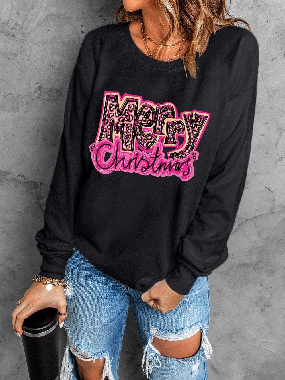Holiday Monogram Leopard Print Graphic Sweatshirt