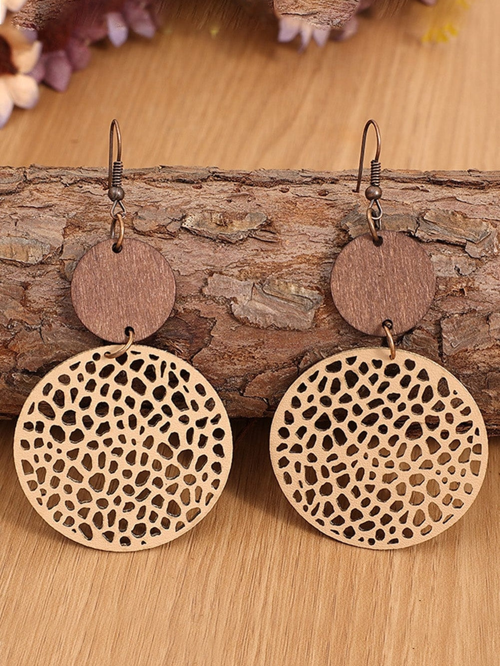 Hollow Wooden Drop Earrings with Khaki Charm
