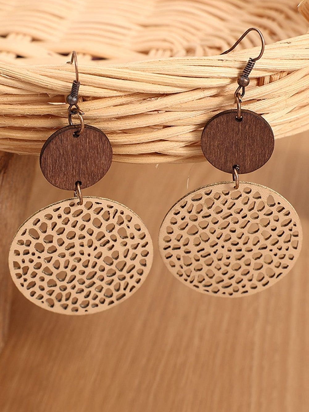 Hollow Wooden Drop Earrings with Khaki Charm
