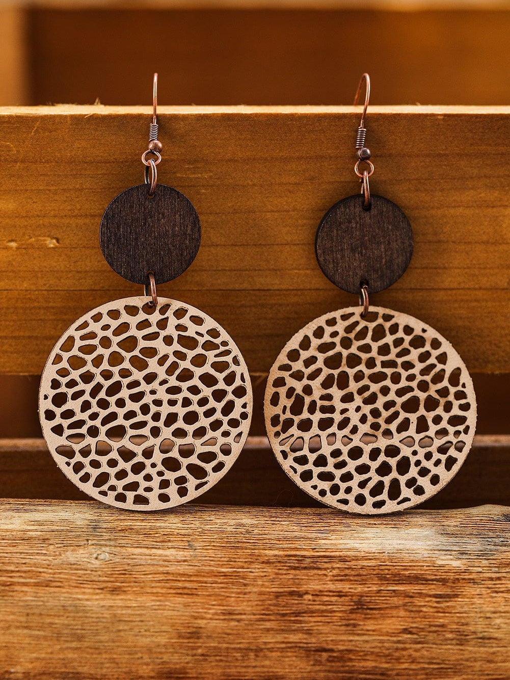 Hollow Wooden Drop Earrings with Khaki Charm