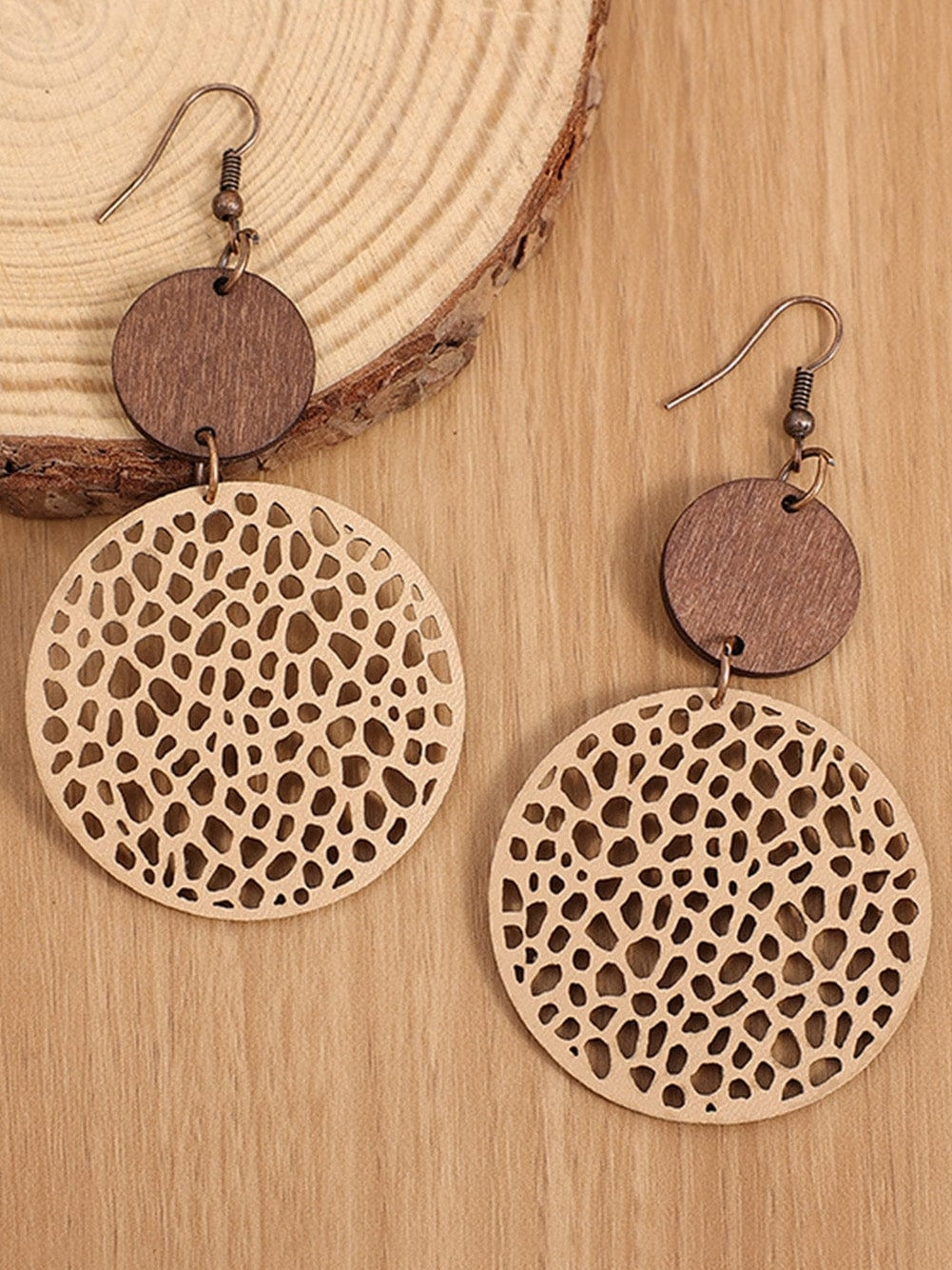 Hollow Wooden Drop Earrings with Khaki Charm