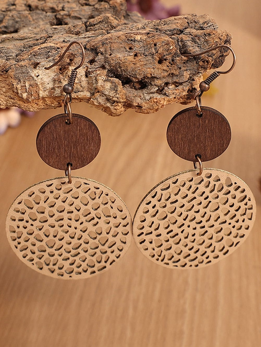Hollow Wooden Drop Earrings with Khaki Charm