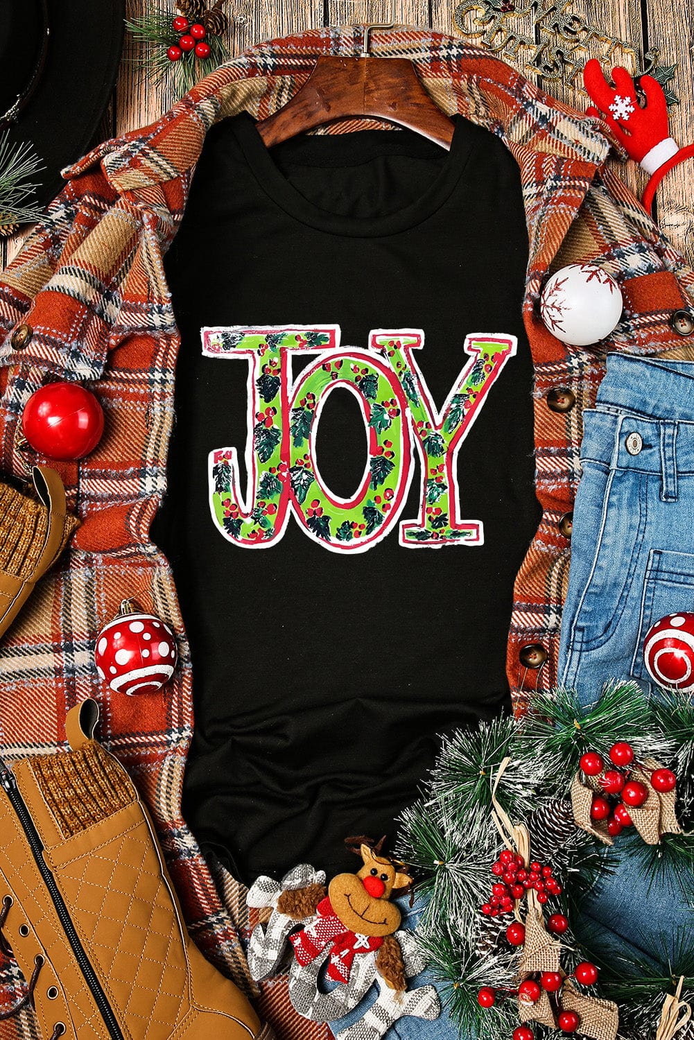 Holly Joy Black Christmas Graphic Tee