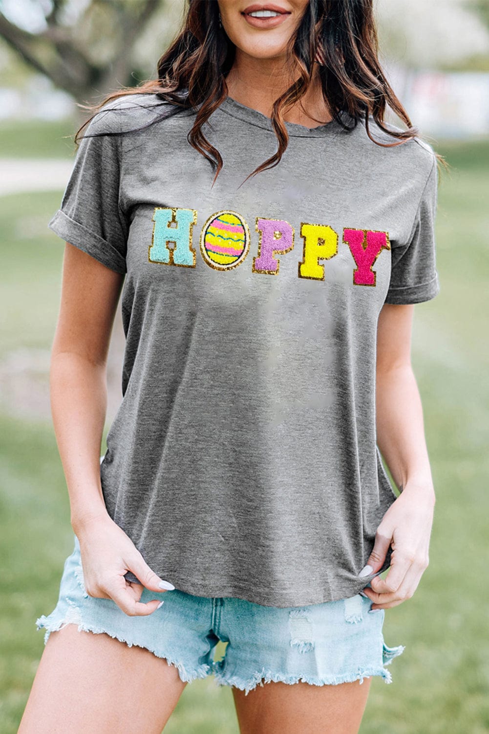 Hoppy Easter Gray Chenille Patch Graphic Tee