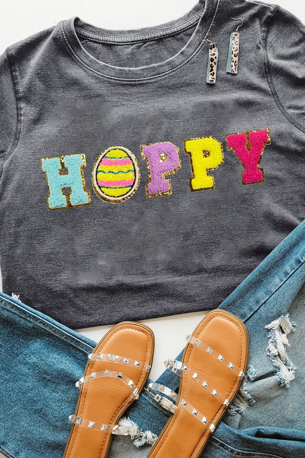 Hoppy Easter Gray Chenille Patch Graphic Tee