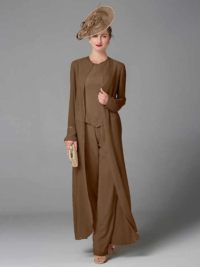 Jumpsuit / Pantsuit 3 Piece Mother of the Bride Dress Formal Plus Size Elegant Wrap Included Bateau Neck Floor Length Chiffon Sleeveless with Beading Appliques 2023 - LuckyFash™