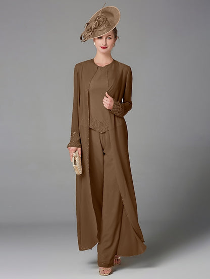 Jumpsuit / Pantsuit 3 Piece Mother of the Bride Dress Formal Plus Size Elegant Wrap Included Bateau Neck Floor Length Chiffon Sleeveless with Beading Appliques 2023 - LuckyFash™
