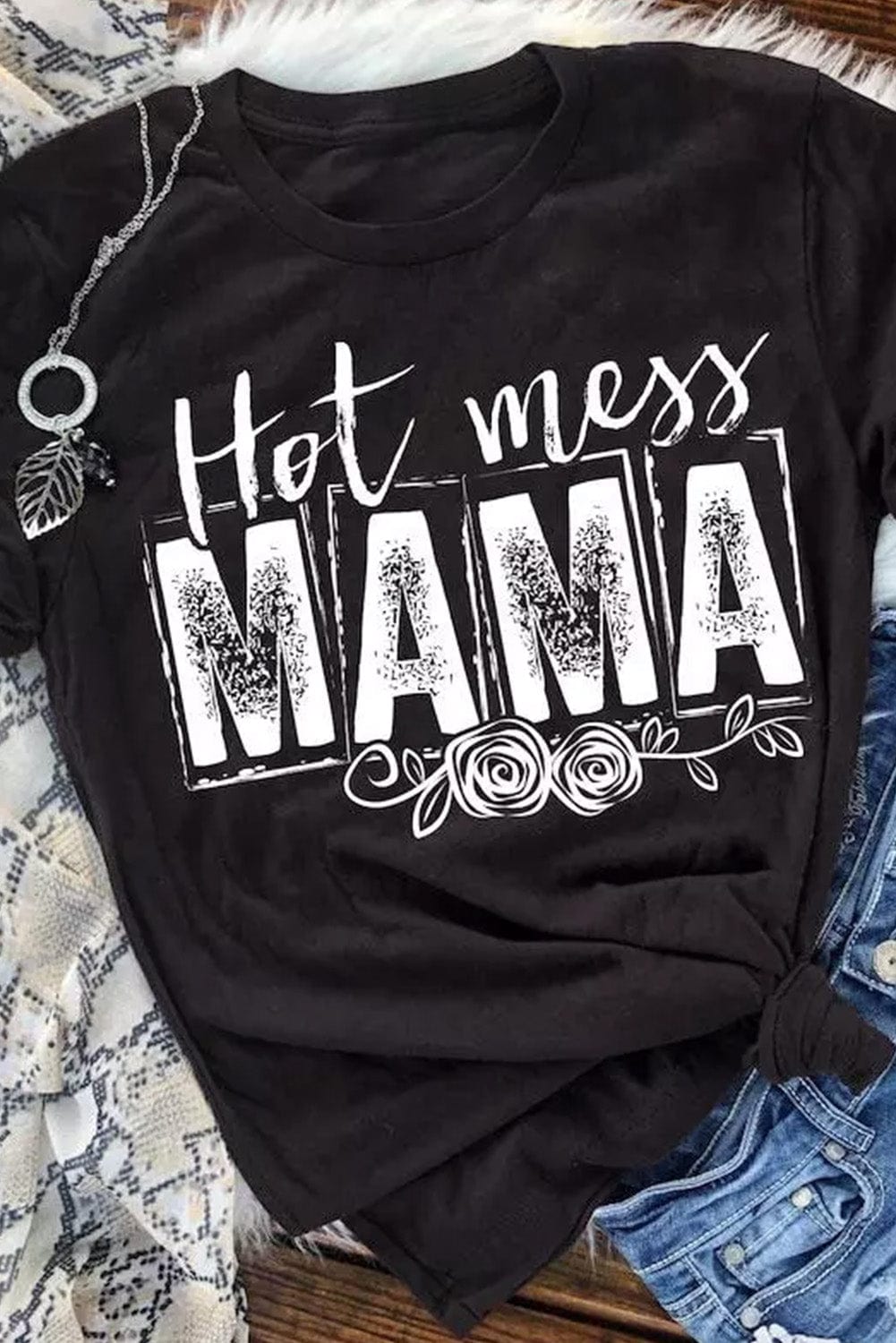 Hot Mess MAMA Black Graphic Print Short Sleeve Tee