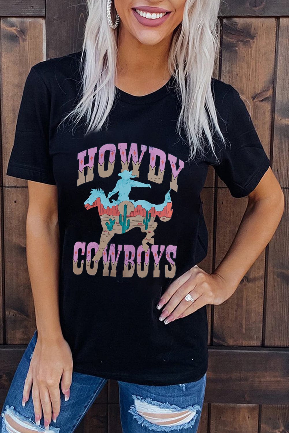 HOWDY COWBOY Black Western Graphic T-Shirt