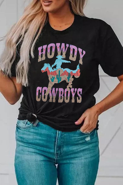 HOWDY COWBOY Black Western Graphic T-Shirt