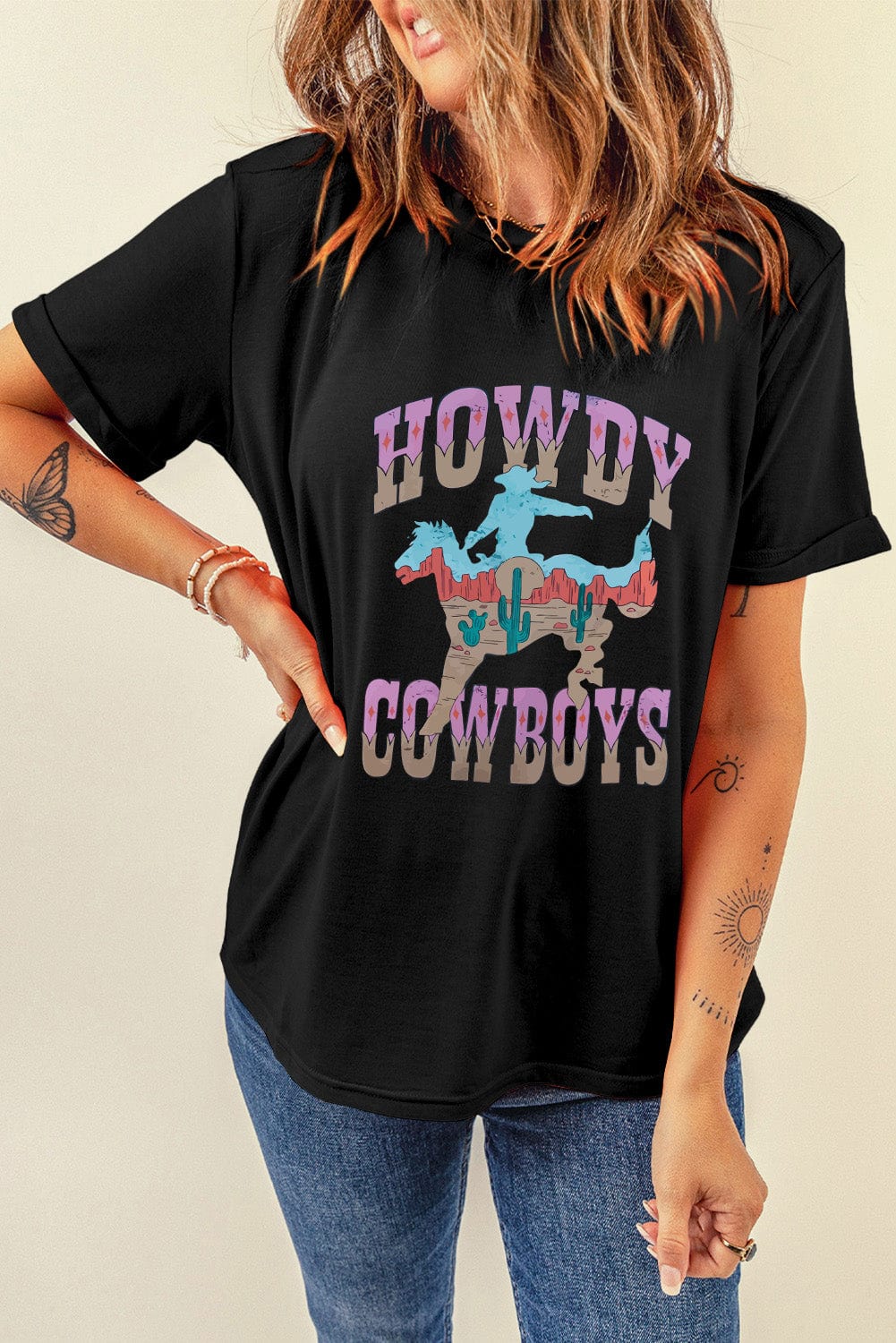 HOWDY COWBOY Black Western Graphic T-Shirt