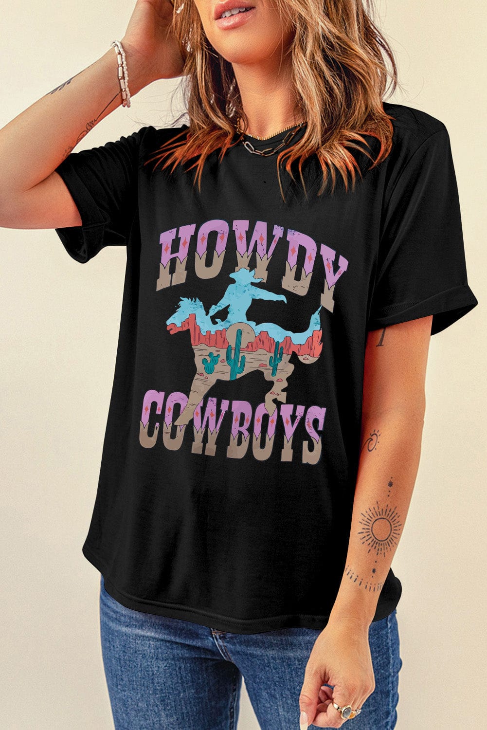HOWDY COWBOY Black Western Graphic T-Shirt