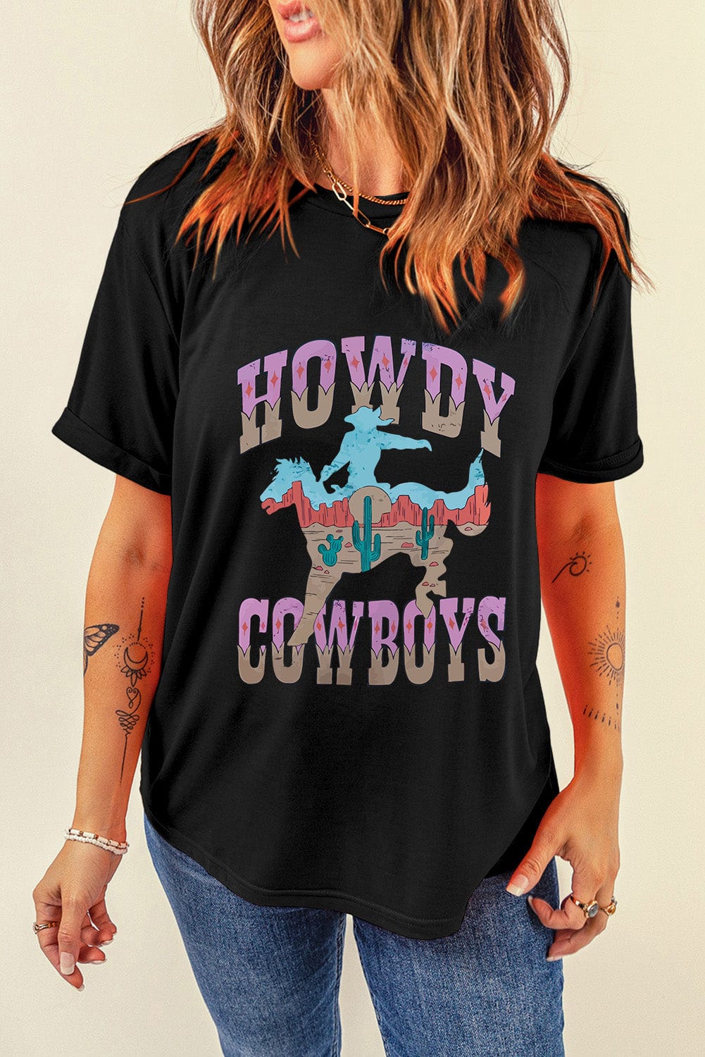 HOWDY COWBOY Black Western Graphic T-Shirt