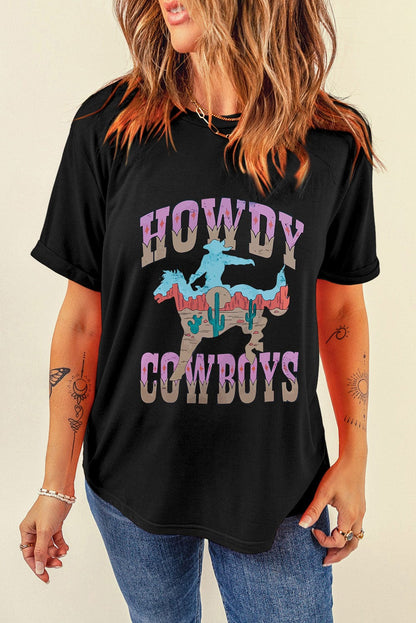 HOWDY COWBOY Black Western Graphic T-Shirt