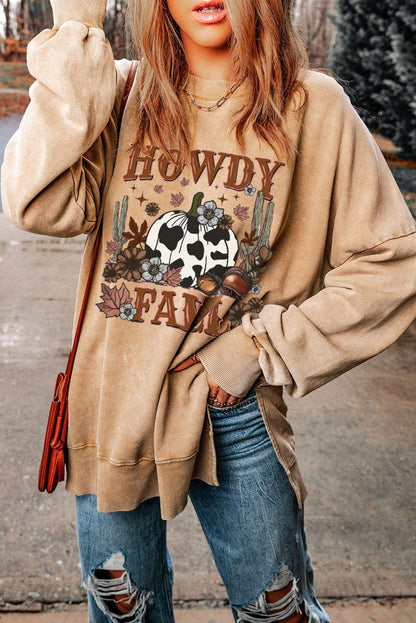 HOWDY FALL Graphic Khaki Split Hem Sweatshirt with Pumpkin Print