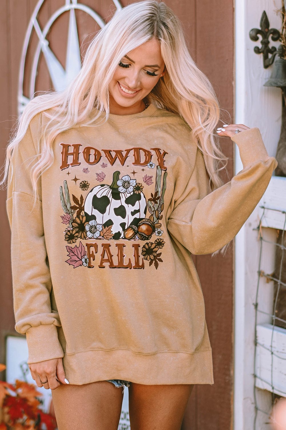 HOWDY FALL Graphic Khaki Split Hem Sweatshirt with Pumpkin Print