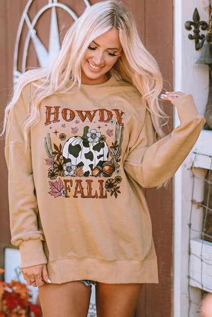 HOWDY FALL Graphic Khaki Split Hem Sweatshirt with Pumpkin Print
