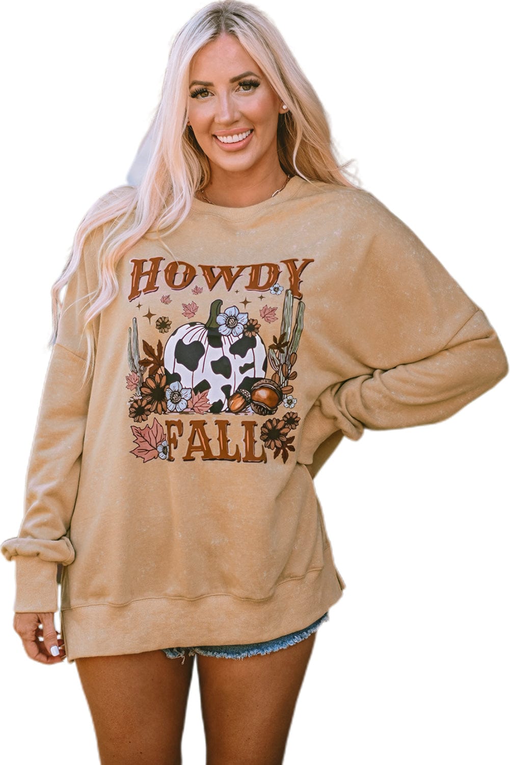 HOWDY FALL Graphic Khaki Split Hem Sweatshirt with Pumpkin Print