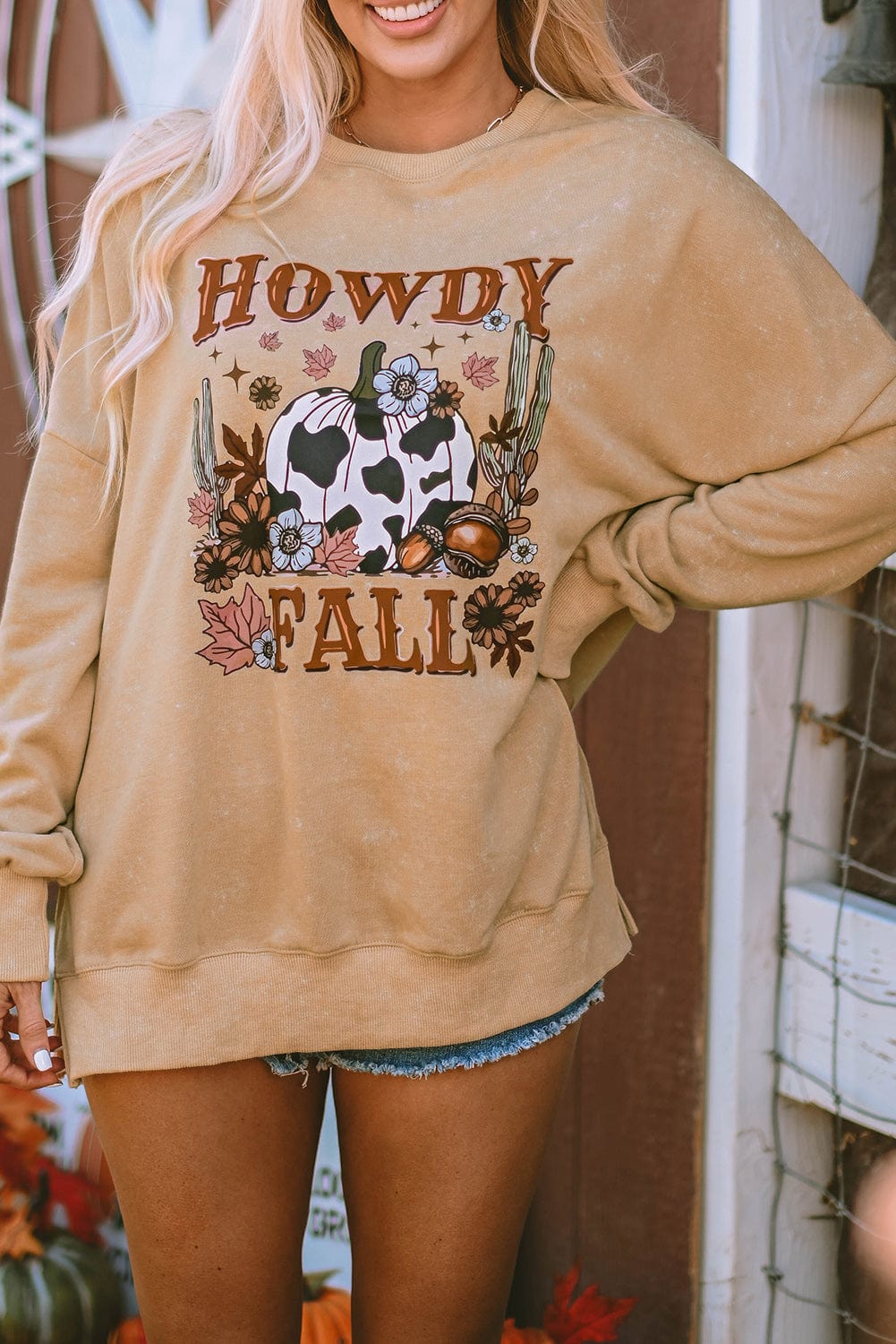 HOWDY FALL Graphic Khaki Split Hem Sweatshirt with Pumpkin Print