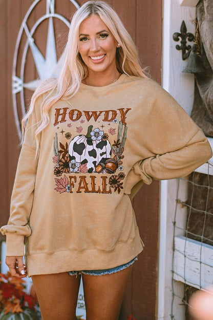 HOWDY FALL Graphic Khaki Split Hem Sweatshirt with Pumpkin Print