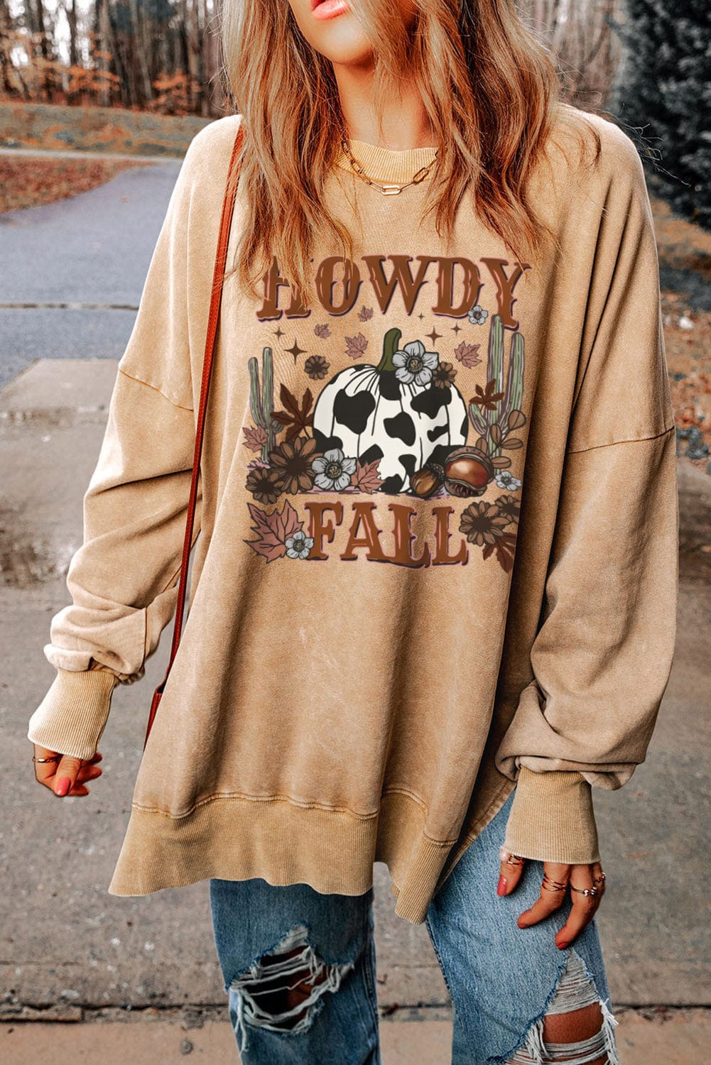 HOWDY FALL Graphic Khaki Split Hem Sweatshirt with Pumpkin Print