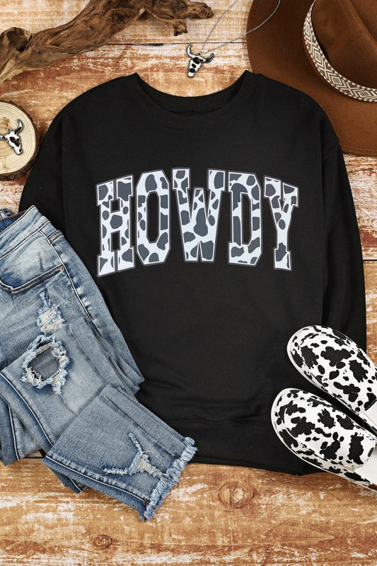 HOWDY Letter Print Black Cow Graphic Sweatshirt
