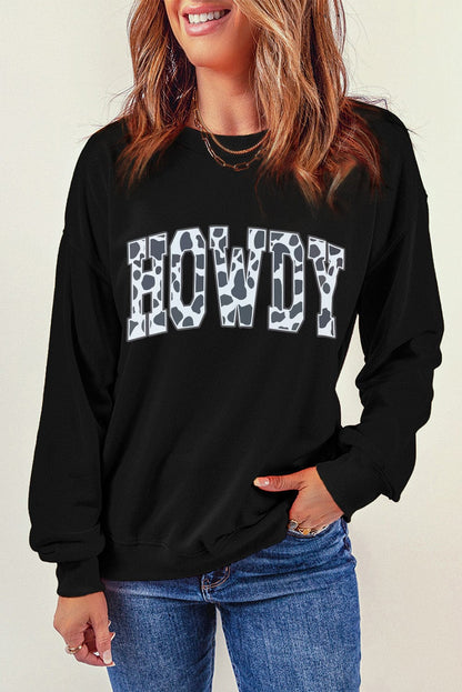 HOWDY Letter Print Black Cow Graphic Sweatshirt