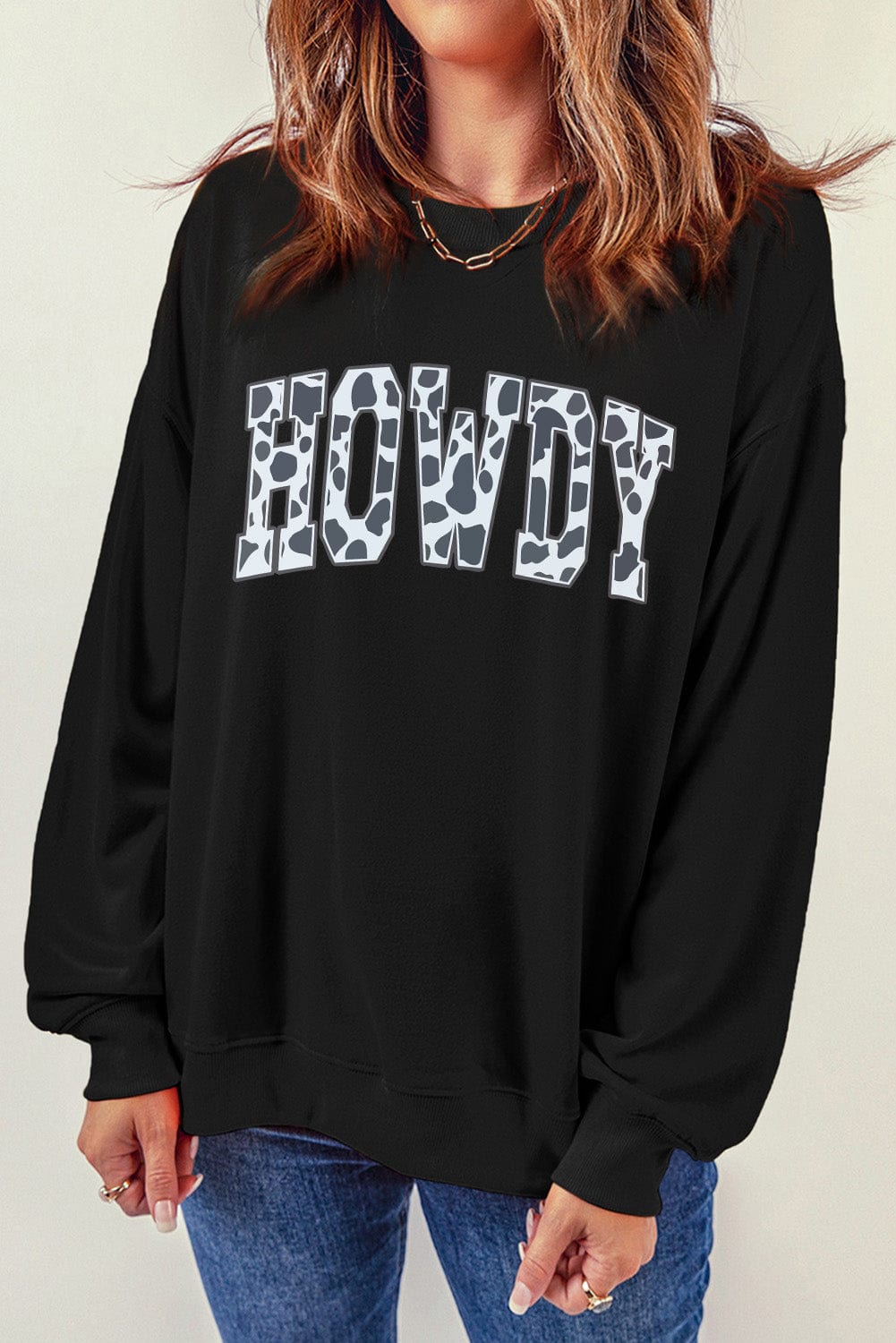 HOWDY Letter Print Black Cow Graphic Sweatshirt