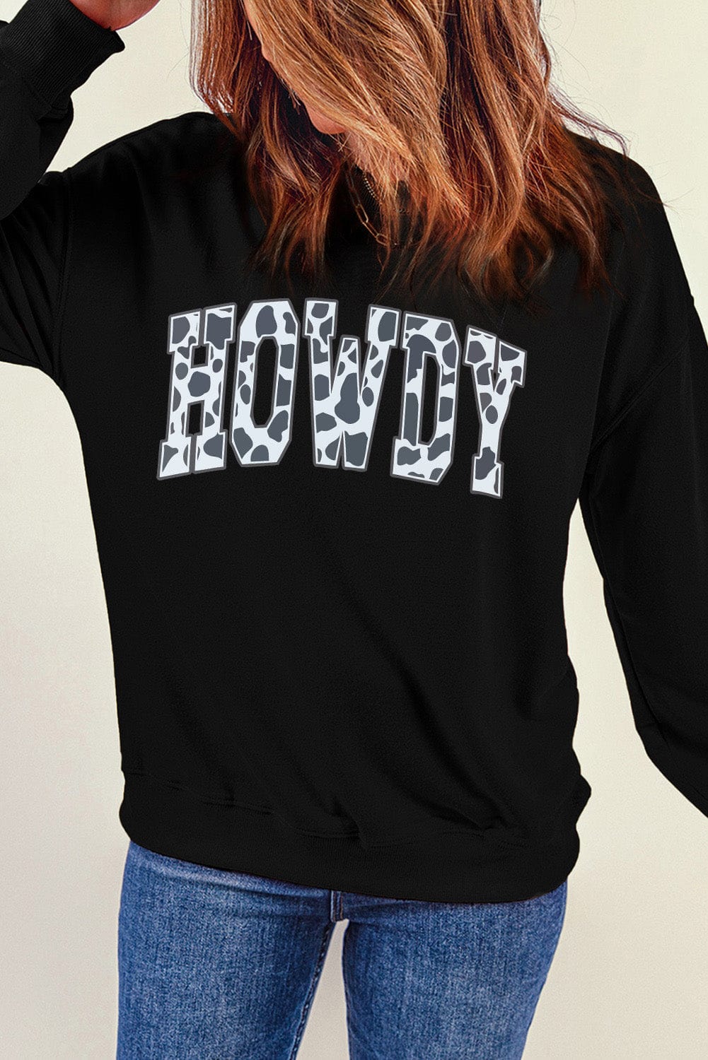 HOWDY Letter Print Black Cow Graphic Sweatshirt