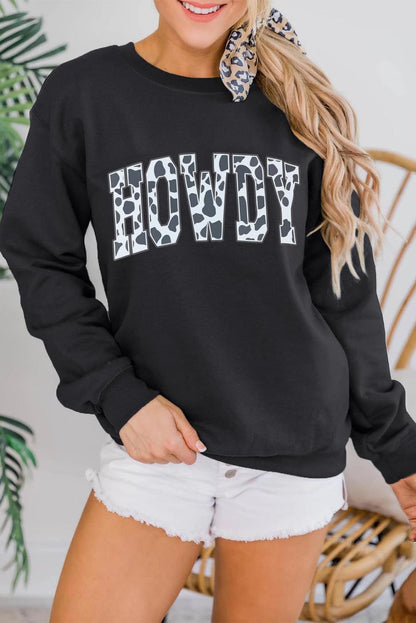 HOWDY Letter Print Black Cow Graphic Sweatshirt