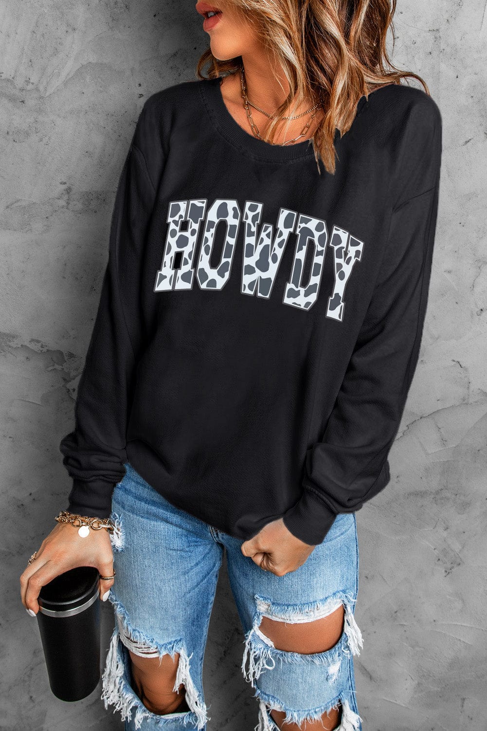 HOWDY Letter Print Black Cow Graphic Sweatshirt
