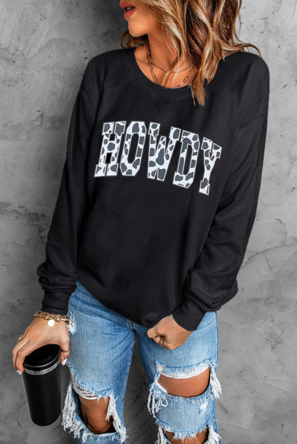 HOWDY Letter Print Black Cow Graphic Sweatshirt