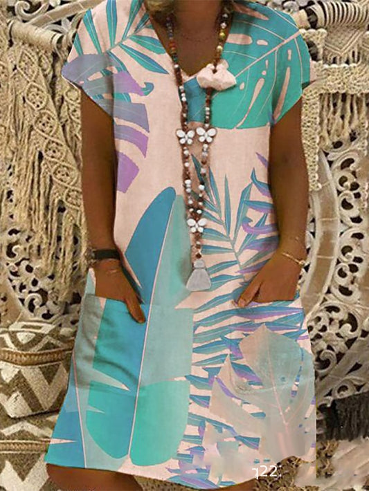 Women's Dress - Casual Dress Midi Dress Light Blue Pink Short Sleeve Print Pocket Spring Summer V Neck Casual Weekend Loose Fit 2023 S M L XL XXL XXXL 4XL 5XL