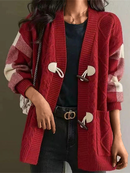Women's Cardigan Sweater Jacket V Neck Cable Knit Acrylic Pocket Fall Winter Regular Outdoor Valentine's Day Daily Stylish Casual Soft Long Sleeve Plaid Red Navy Blue Green S M L