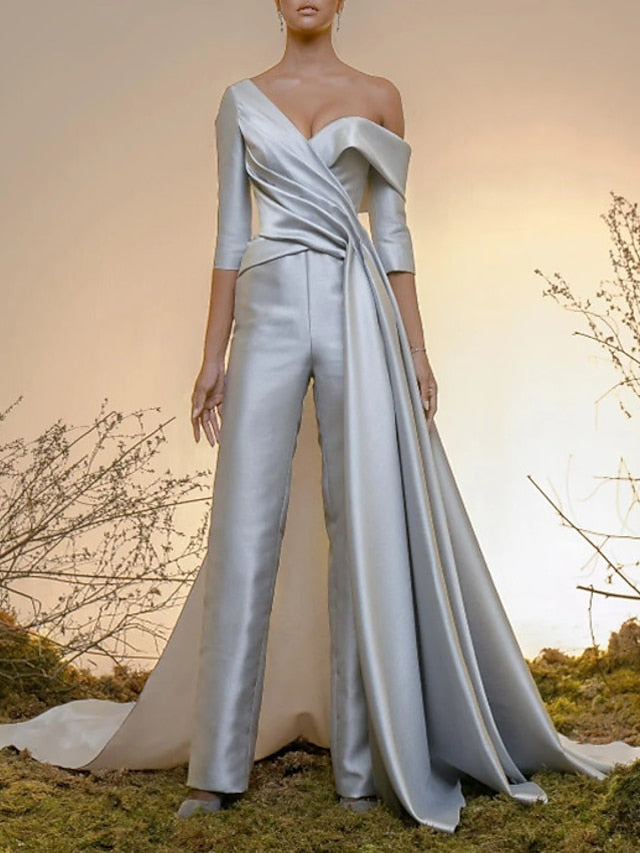 Jumpsuits Celebrity Style Minimalist Elegant Engagement Formal Evening Dress Off Shoulder Half Sleeve Court Train Satin with Pleats Overskirt 2022 - LuckyFash™