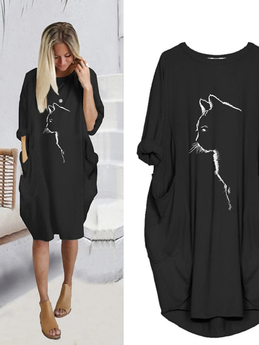 Women's Dress - T Shirt Dress Tee Dress Midi Dress Black Yellow Fuchsia Long Sleeve Print Print Summer Spring Crew Neck Casual Winter Dress Fall Dress Loose Fit 2023 S M L XL XXL 3XL 4XL 5XL