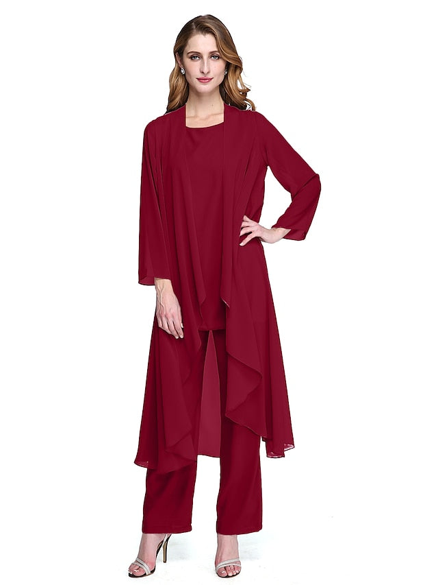 Jumpsuit / Pantsuit Mother of the Bride Dress Plus Size Elegant Bateau Neck Floor Length Chiffon Sleeveless yes with Solid Color 2023 - LuckyFash™