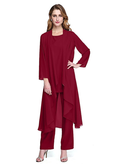 Jumpsuit / Pantsuit Mother of the Bride Dress Plus Size Elegant Bateau Neck Floor Length Chiffon Sleeveless yes with Solid Color 2023 - LuckyFash™