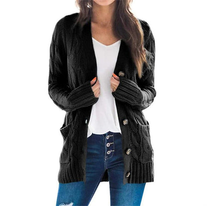 Women's Cardigan Sweater Open Front Cable Chunky Knit Button Pocket Fall Winter Tunic Daily Casual Soft Long Sleeve Solid Color Dark powder Black White S M L