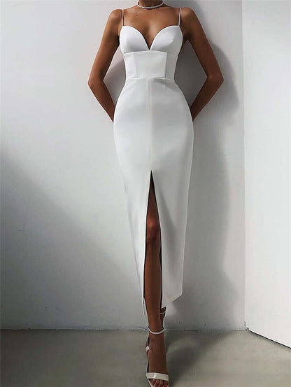 Women's Dress - Party Dress Wedding Guest Sheath Dress Sundress Midi Dress Black White Pink Sleeveless Pure Color Split Summer Spring Spaghetti Strap Fashion Party Birthday 2023 S M L XL XXL