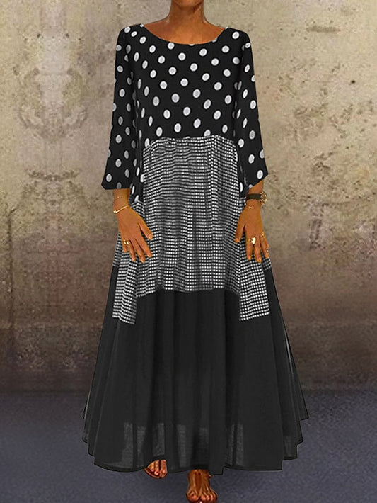 Women's Dress - A Line Dress Maxi long Dress Black Yellow Red Long Sleeve Polka Dot Patchwork Summer Spring Crew Neck Hot Winter Dress Fall Dress Loose Fit 2023 M L XL XXL 3XL 4XL 5XL