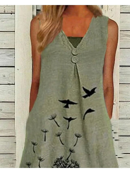 Women's Dress - Casual Dress A Line Dress Midi Dress Green Sleeveless Floral Print Summer Spring V Neck Fashion 2023 S M L XL XXL 3XL