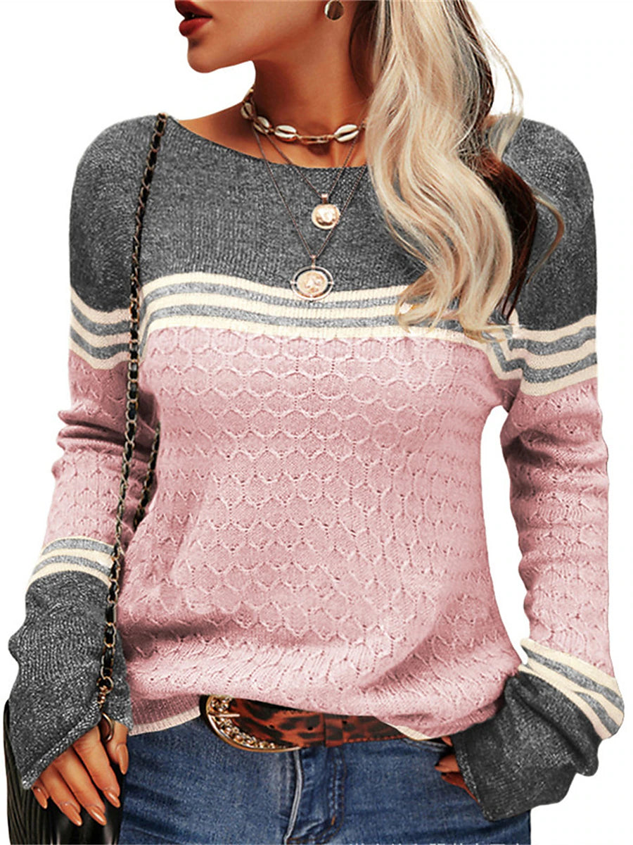 Women's Pullover Sweater Jumper Crew Neck Ribbed Knit Acrylic Patchwork Fall Winter Regular Outdoor Daily Going out Stylish Casual Soft Long Sleeve Color Block Striped Black White Pink S M L
