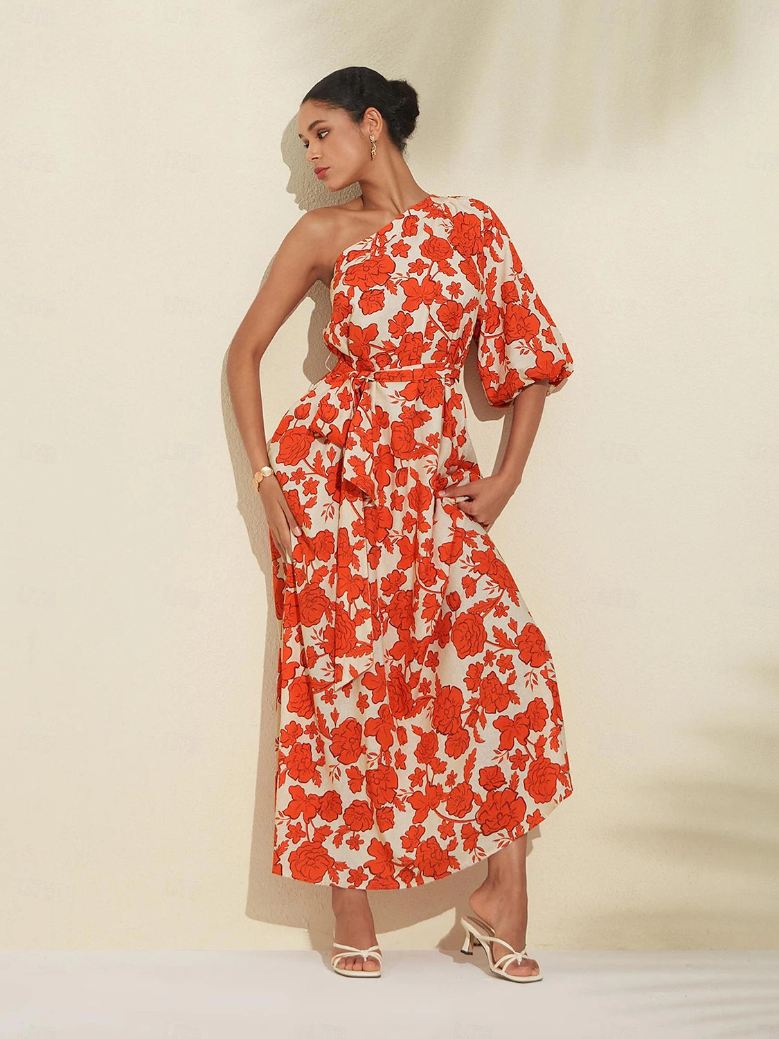 Floral Diagonal Neck Maxi Dress