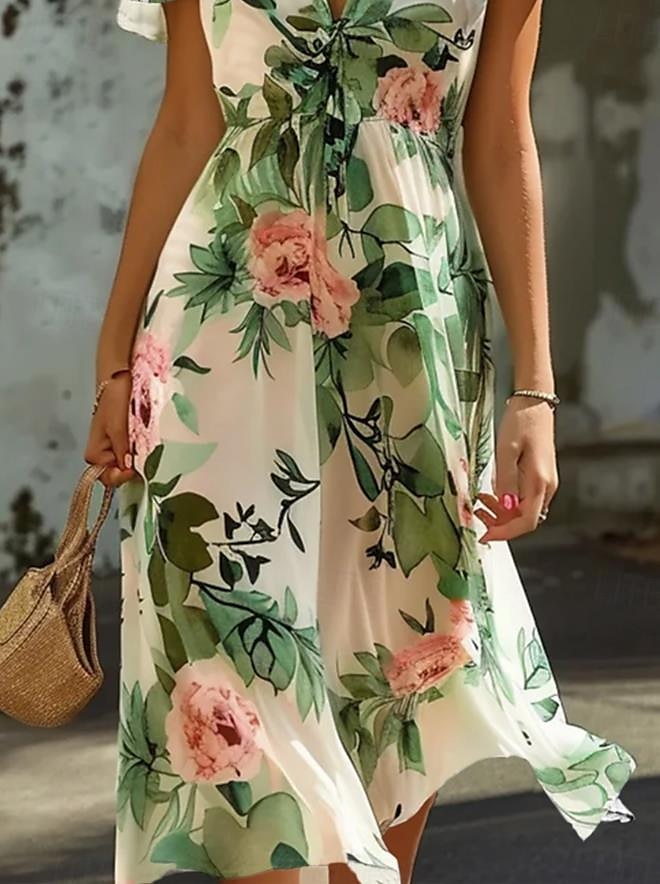 Women's Chiffon A Line Dress Floral Tie Front Ruffle V Neck Flounce Sleeve Midi Dress Elegant Wedding Vacation Sleeveless Summer