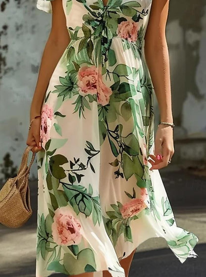 Women's Chiffon A Line Dress Floral Tie Front Ruffle V Neck Flounce Sleeve Midi Dress Elegant Wedding Vacation Sleeveless Summer