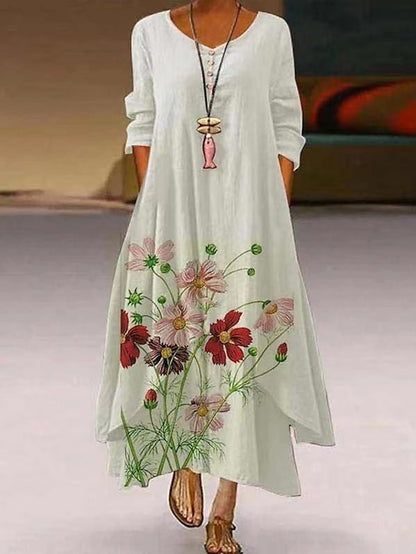 Women's Dress - Casual Dress Swing Dress Long Dress Maxi Dress White Beige Long Sleeve Animal Button Summer Spring V Neck Vacation Vacation Loose Fit 2023 S M L XL XXL 3XL 4XL 5XL