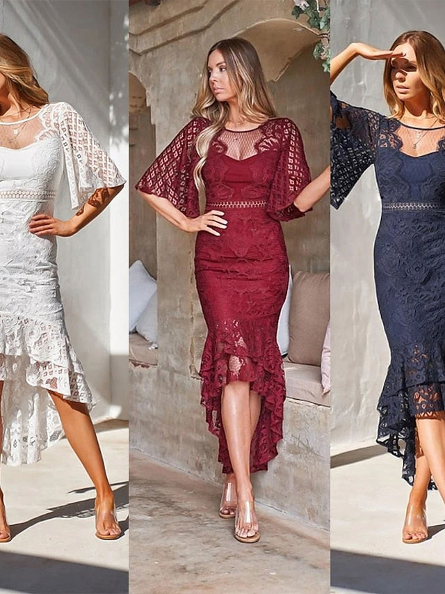 Women's Dress - Wedding Guest Dress Sheath Dress Lace Midi Dress White Red Wine Dark Blue Half Sleeve Pure Color Pure Color Fall Spring Autumn Sweetheart Elegant Spring Dress 2022 S M L XL