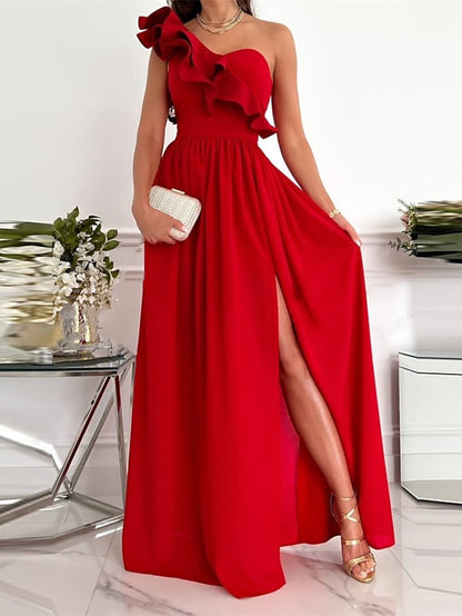 Women's Dress - Party Dress Wedding Guest Dress Swing Dress Long Dress Maxi Dress Green Black Wine Sleeveless Pure Color Ruffle Spring Summer One Shoulder Party Slim 2023 S M L XL XXL